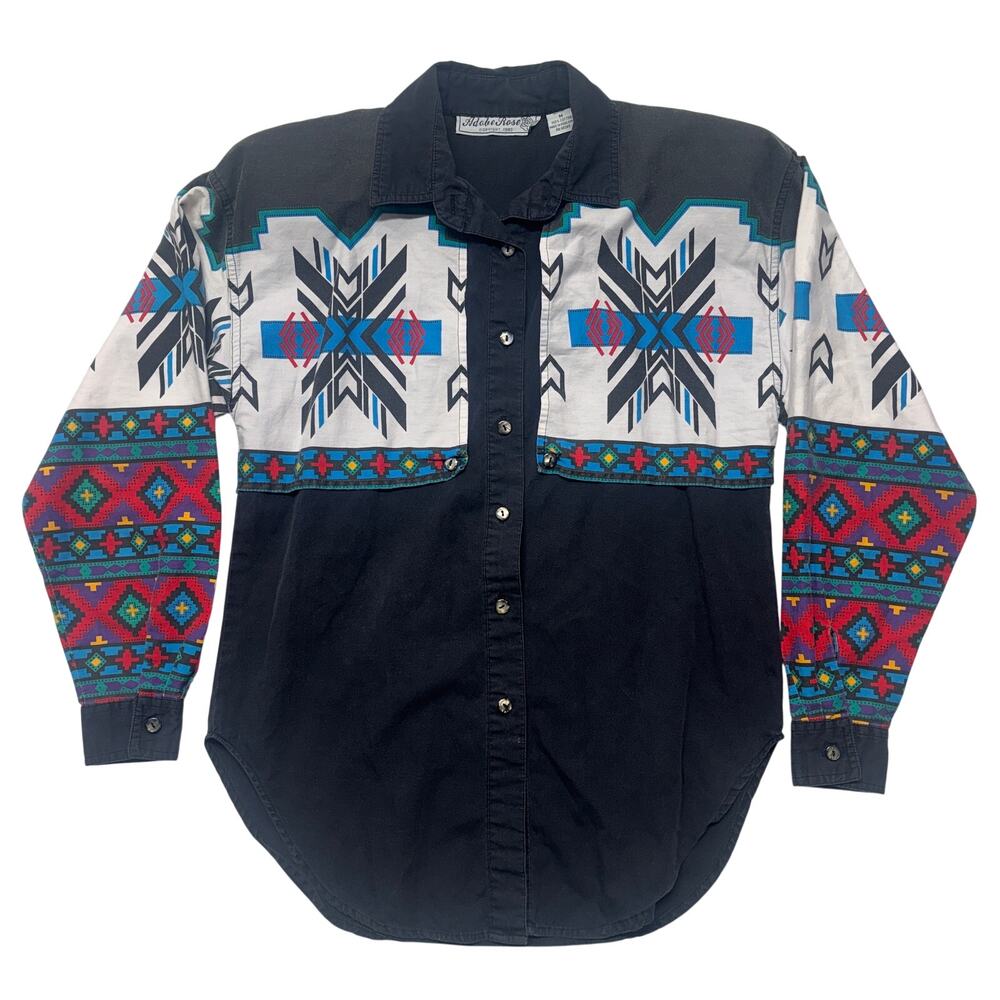 Vintage Adobe Rose Shirt Medium Black Aztec Southwestern Cowgirl Hong Kong